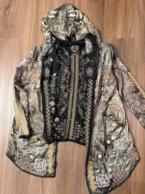 Johnny Was Black Hooded Embroidered Jacket with Metallic Taupe & Pink Accents